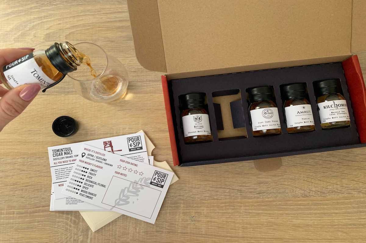 Pour & Sip February subscription box unboxing, whisky being poured into a glass